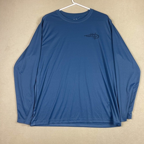Reel‎ Life Mens XL Long Sleeve Performance Fishing Shirt Blue Crew Neck Logo - Picture 1 of 12